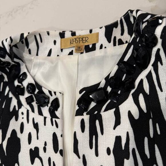 Kasper A Line Dress w/ Jacket White/Black Abstract Women's 14 Embellished Neck - Picture 9 of 10